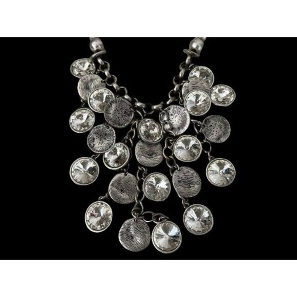 Vintage VCLM Necklace Silver Tone Crystals & Hammered Disks 14" Drop - Picture 2 of 9